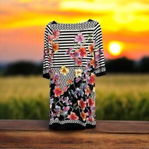 Beige by Eci Dress, Black & White Stripes with Vibrant Floral Print